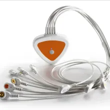 Compact ECG module with multiple patient lead connectors and cables.